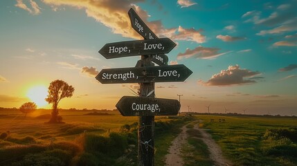 Drone View of Crossroads Signpost Featuring Hope, Strength, Love, Courage.