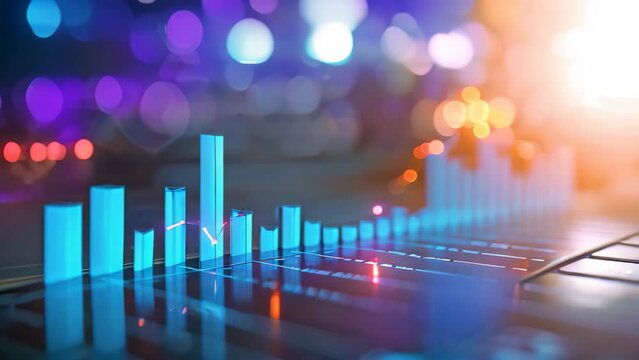 A detailed shot showcasing a computer keyboard with a prominently displayed bar chart, Financial chart graphs showing investment growth