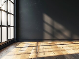 An empty room with a dark wall and a wooden floor. There is a single window on the left side of the room.
