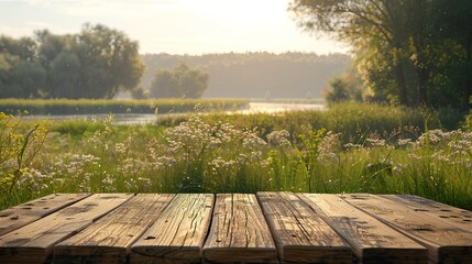 An empty wooden table in a lush green field with a river in the background.