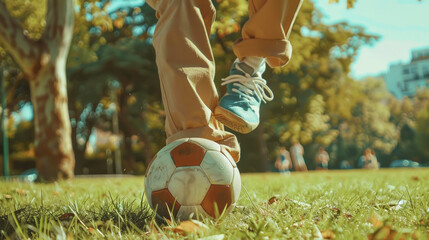 Teenager kicking a soccer ball in a city park, bottom view. Outdoor sport activity. Dynamic photo....