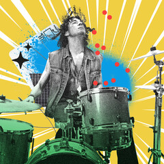 Monochrome image of emotional artistic young man, musician playing drums on yellow background with abstract elements. Contemporary art collage. Concept of music, festival, performance, creativity