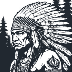 Indian chief wearing a feather headdress, Vector illustration