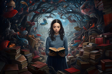 Surreal illustration of a young girl reading among towering stacks of books with fantastical creatures and a mystical forest backdrop, fantasy style - obrazy, fototapety, plakaty