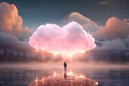 Surreal Heart Cloudscape with Lone Figure, dreamy scene featuring a heart-shaped cloud formation with a solitary figure gazing into the glowing, ethereal light