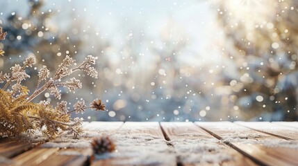 A wooden table covered in snow with a pine branch and pine cone on it. There are blurred out snow covered trees in the background and snow is falling. - obrazy, fototapety, plakaty