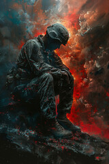 A sad soldier . Post-Traumatic Stress Disorder Awareness Day - obrazy, fototapety, plakaty