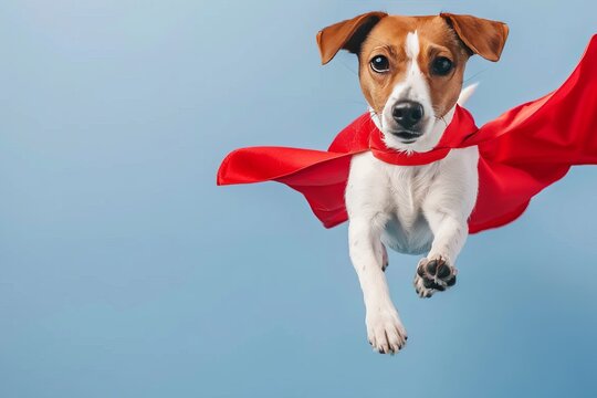 Cute puppy in superhero outfit soaring in vast blue space, creating a delightful and amusing image