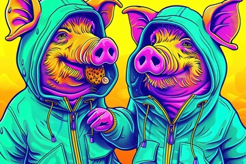 Piglets in cheerful raincoat costumes savor their snacks, their snouts messy and their eyes twinkling with delight, closeup