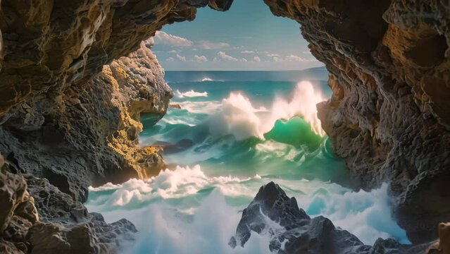A stunning photograph capturing the grandeur of the ocean as seen through the entrance of a cave along the coast, Framed view of ocean waves through a sea cave