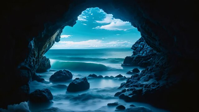 This photo captures the breathtaking view of the ocean as seen from within the depths of a majestic coastal cave, Framed view of ocean waves through a sea cave