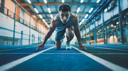 Young man athlete on a runner and arena track for sprint race training - Run and sports exercise concept - Models by AI generative