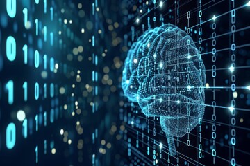 Digitized Brain Exploring the Complex World of Numbers, Binary code forming the pattern of a human brain on a dark background, AI Generated