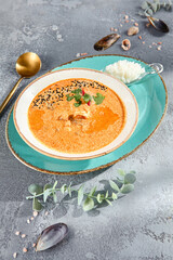 Tom Yum soup with seafood and side of steamed rice on a sunny tabletop setting