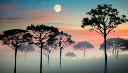 Fototapeta premium 木々と月と夕日の風景