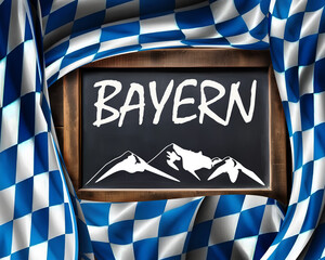 Bayrische Schiefertafel mit Holzrahmen - Rustikal Holztafel, Wand - Vintage - Bayern Alpen Berge - Bayernmuster Tuch Blau und Weiß - Gemütlichkeit