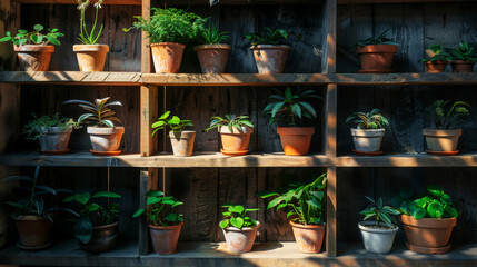 Fototapeta na wymiar Old wooden shelves painted black with pots of green plants. Gardening concept for storage. Generative AI