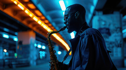 Saxophone playing with a New York City subway background
