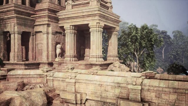 the ruins of an ancient temple in the jungle, showcasing a building adorned with a statue on its highest point.