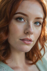A stunning red-haired woman with freckles, radiating beauty and charm.