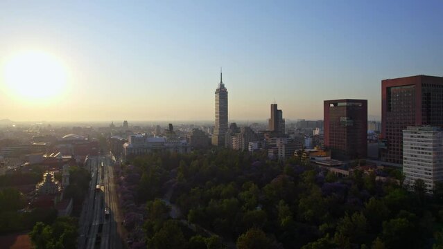 Aerial view of Torre Latino and Alameda Central at sunrise in Mexico City, Mexico.