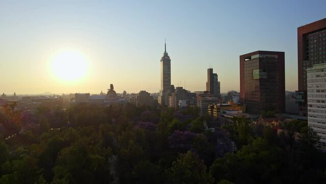 Aerial view of Torre Latino and Alameda Central at sunrise in Mexico City, Mexico.