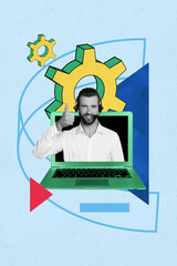 Composite collage picture image of working customer service business online support fantasy billboard comics zine minimal