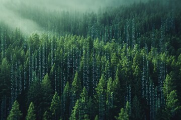 A photo showcasing a dense forest filled with numerous green trees, creating a vibrant and lush environment, Binary digits forming the shape of a forest, AI Generated