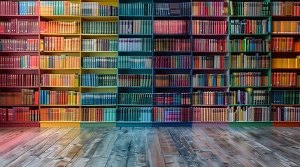 Rainbow Library: A Spectrum of Knowledge. Concept Rainbow Color Scheme, Vibrant Book Collection, Colorful Reading Nook, Multicolored Literary Retreat, Spectral Library Tour - obrazy, fototapety, plakaty