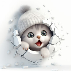 Obraz premium A cute kitten wearing a winter hat is peeking through a hole in a wall.