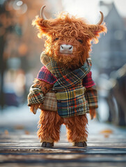 A cute highland cow wearing a coat and scarf stands on a wooden walkway in front of an out of focus city background.