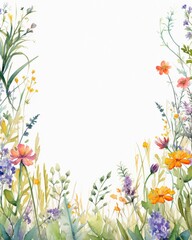 Obraz na płótnie Canvas Meadow flowers frame in watercolor, botanical background, natural light , high resolution