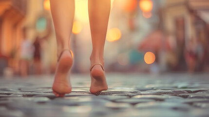 A person walking barefoot down a cobblestone street.