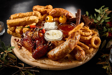 Variety of Snacks for Beer - Toasts, Sausages, Fried Calamari, Onion Rings, Buffalo Wings on Wooden Platter - 788216529