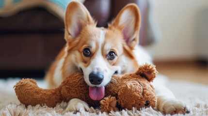 Cheerful corgi happily brings its cherished soft toy to engage with delighted owner