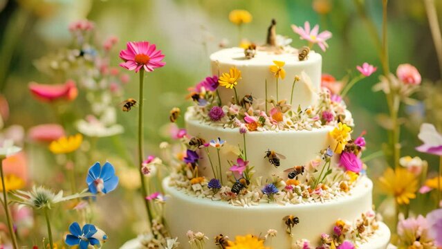 A photo capturing a multi-tiered cake adorned with vibrant wildflowers, Garden party with bees and butterflies celebrating a flowery birthday
