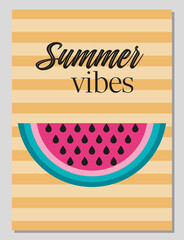 Summer mood. Hello summer. Enjoy summer. Summer card or poster concept in flat design. Stylized illustration of watermelon in geometric style. Vector illustration.