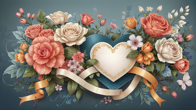 heart shaped roses,The image features a heart surrounded by colorful flowers and ribbons on a blue background.