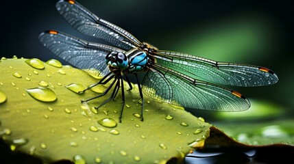 Dragonfly in close-up, dew in the wings, radiant