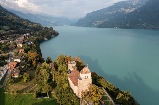 Riggisberg, Switzerland, Aerial view of the Riggisberg old castle and fort by lake Brienz on a cloudy fall day in the Berner Oberland in Switzerland