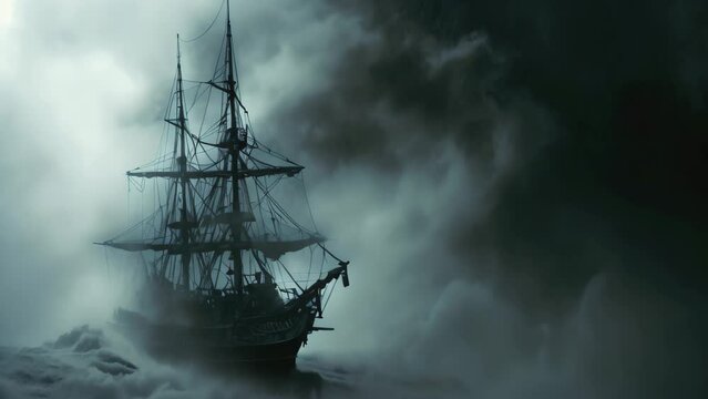 A sizable boat floats on top of a vast body of water, showcasing its impressive size and ability to navigate through the calm waves, Ghostly pirate ship floating on a thick, ominous fog