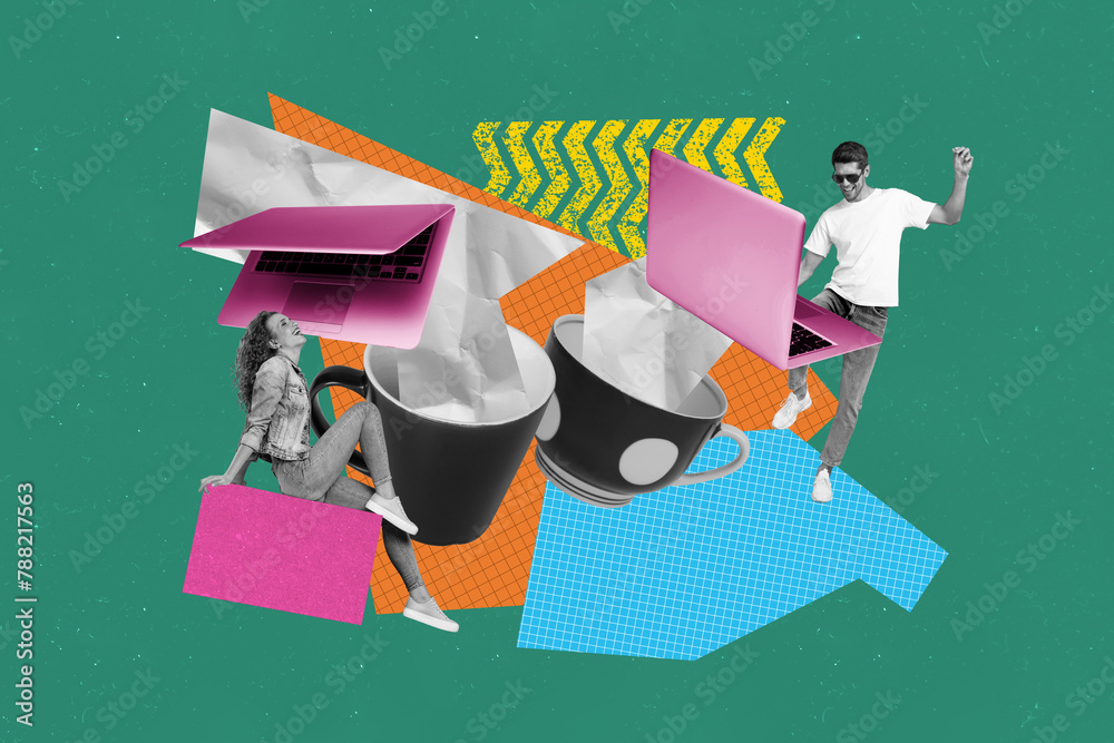 Poster composite collage picture image of working people process startup netbook drink coffee fantasy billb