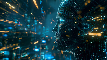 A computer-generated face with a blue background. The face is surrounded by a lot of lines and dots, giving it a futuristic and artificial appearance
