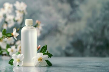 Natural Skincare Lotion Bottle with Blooming Spring Flowers on Pastel Background