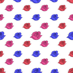 Rose buds. Red, blue and pink blossoming flowers. Seamless pattern. Isolated colorless background.