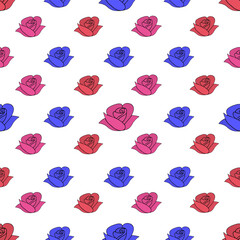 Fototapeta premium Rose buds. Red, blue and pink blossoming flowers. Seamless pattern. Isolated colorless background.