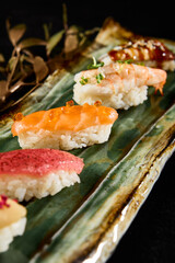 Assorted Nigiri Sushi Display with Salmon, Tuna, Shrimp, Eel, and Scallop on Elegant Plate - 788218341