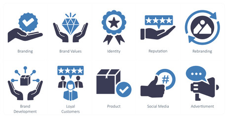 A set of 10 branding icons as branding, brand values, identity