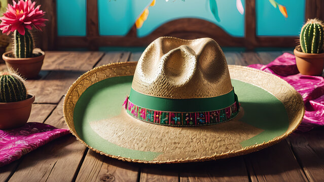 sombrero hat on wooden table with cactus decoration