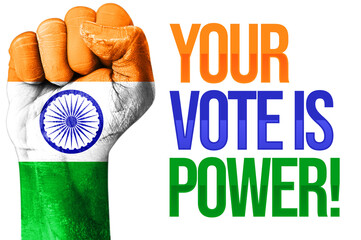 Indian election concept background with flag painted fist on the side. Your vote is power concept...